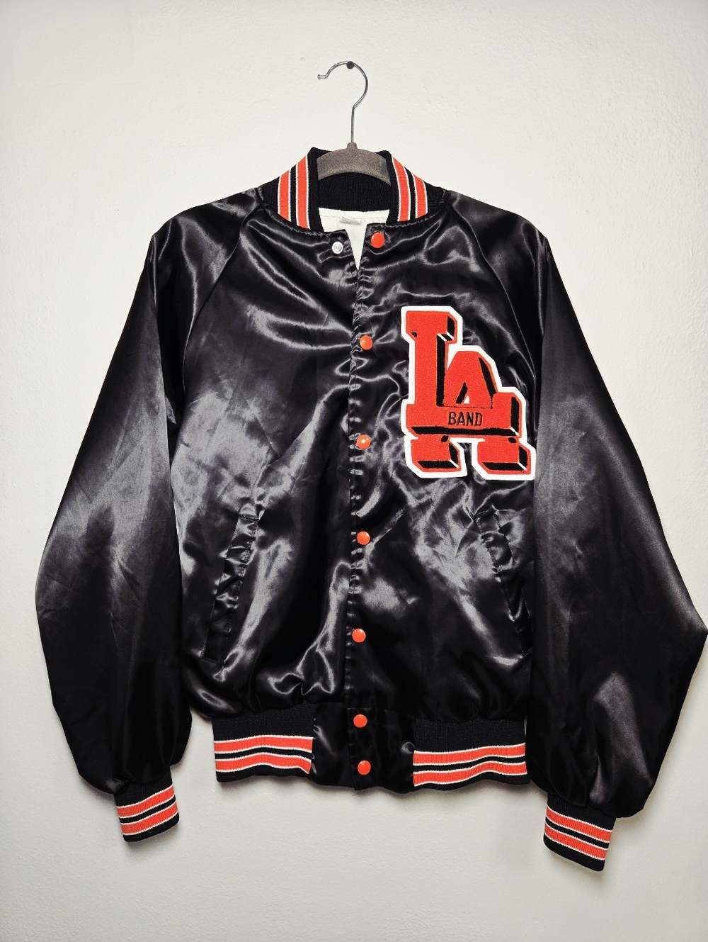 Vtg Satin Varsity Bomber Snap Letter Jacket Black Orange USA Medium Mens M/L